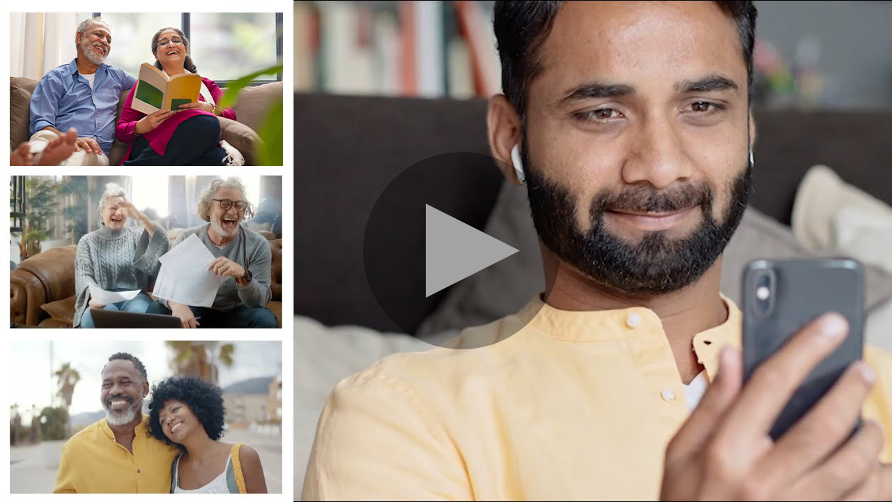 video thumbnail collage image of a man on his cell phone and three sets of couple smiling