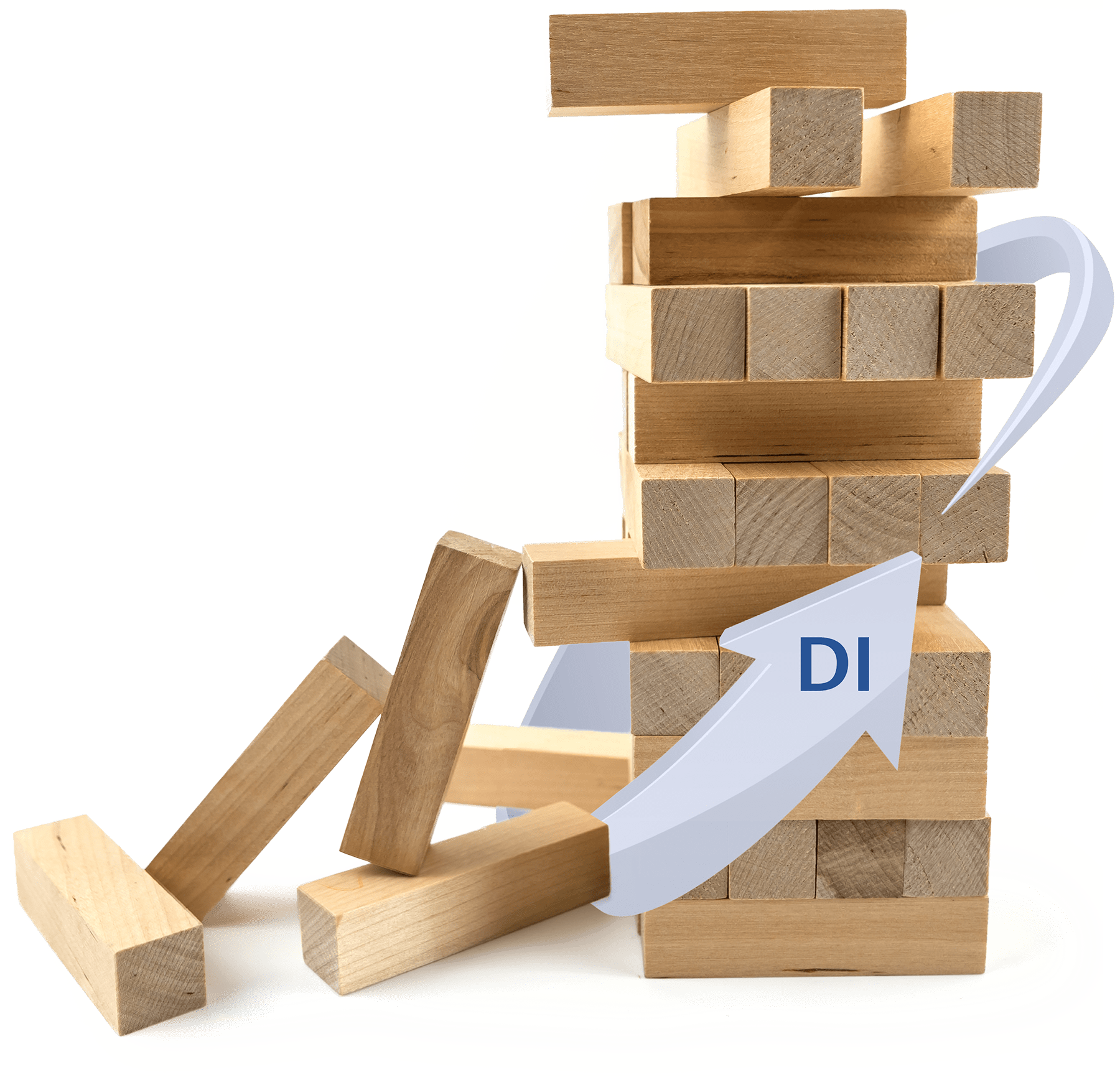 tower of wooden blocks wrapped by a blue arrow with the letter DI on it