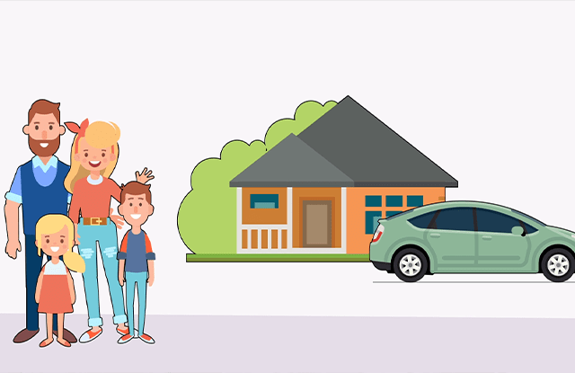 illustrated graphic of a young family next to a house and car