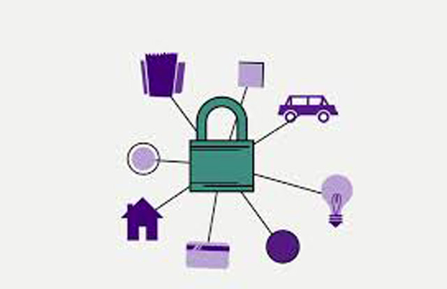 illustrated graphic of a padlock with several other icons surrounding it