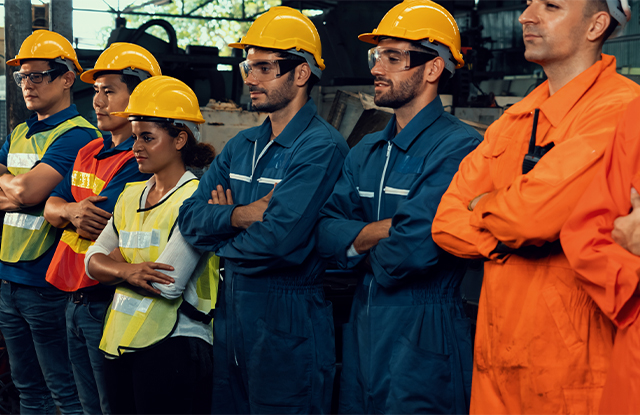 group of blue collar workers standing together with their arms cross and wearing hard hats