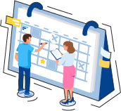 illustrated graphic of a calendar with two people in front of it