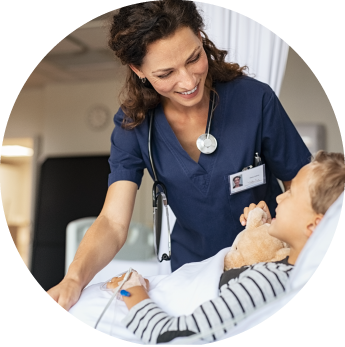 circular framed photo of a nurse with a child patient
