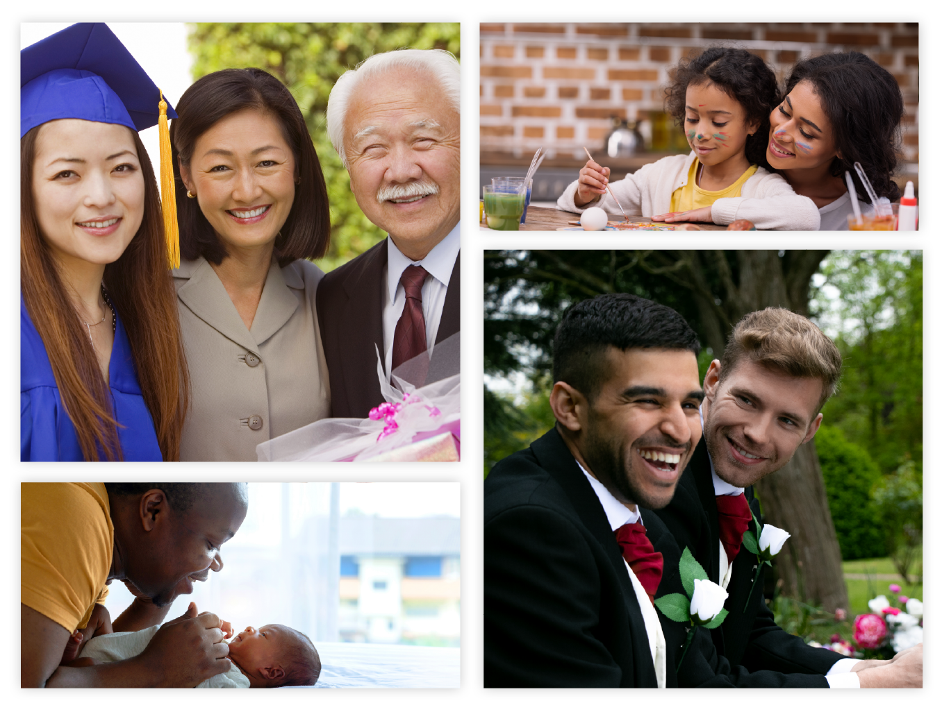 Collage of 4 images that show a granddaughter at graduation with her grandparents, a father with his newborn son, a mom doing a craft with her daughter and two men in suits smiling together